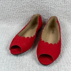 Vaneli Red Suede Peep Toe Scalloped Trim Ballet Flats Shoes Women's Size 7.5M